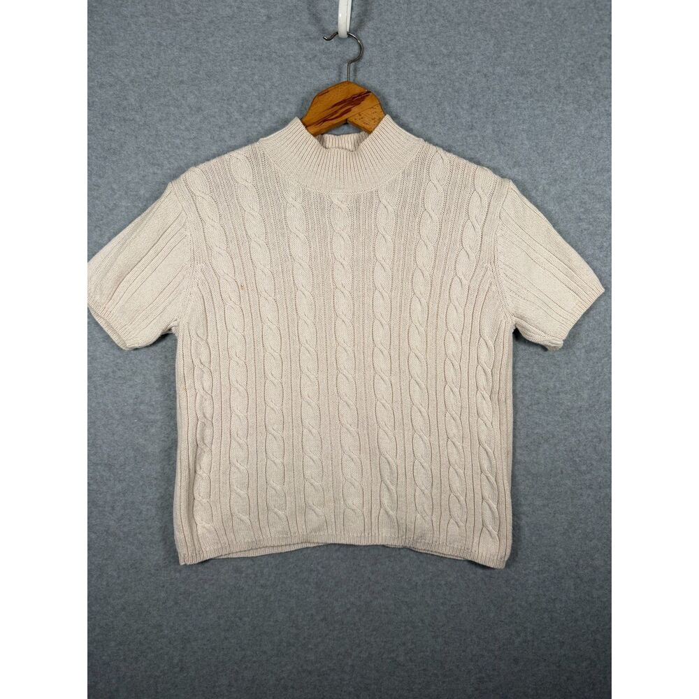 Talbots Petites Cable Knit Mock Neck Short Sleeve Sweater Cotton Linen S 3816